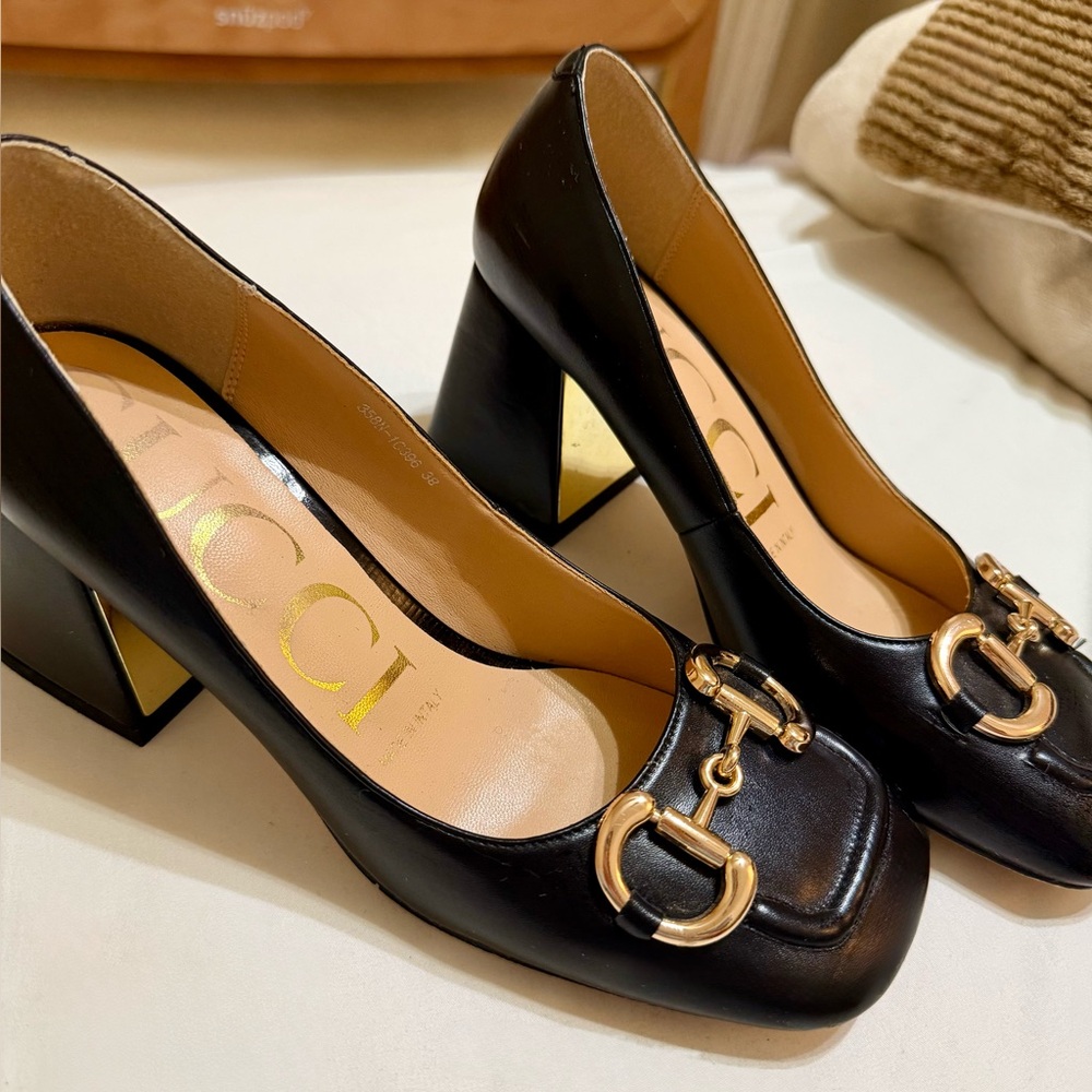 Gucci Black Leather Heels with Gold Buckles